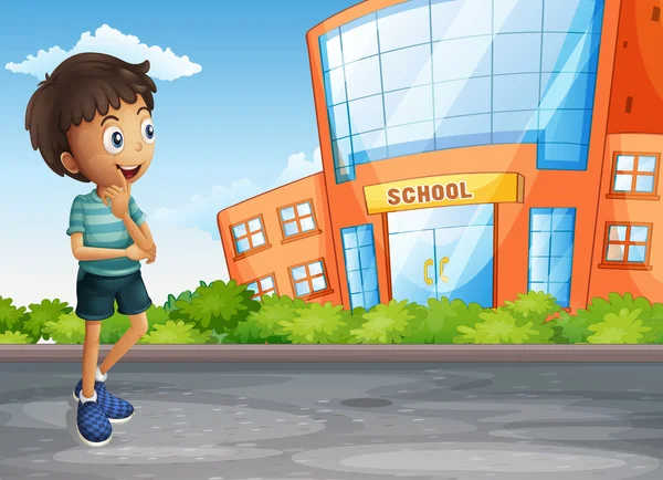Un ragazzo sulla strada di fronte all'edificio scolastico — Vettoriale Stock