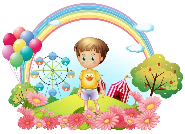 A young boy at the hill with a garden and a carnival — Stock Vector