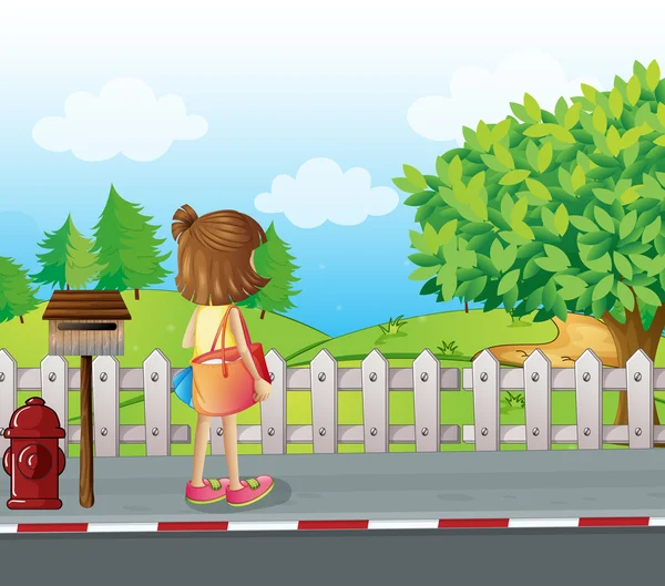 A girl standing near the mailbox at the roadside — Stock Vector