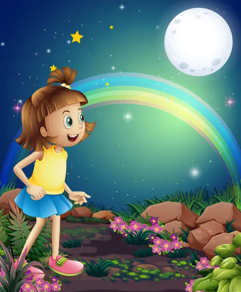 A kid amazed by the sight of the rainbow and the fullmoon — Stock Vector