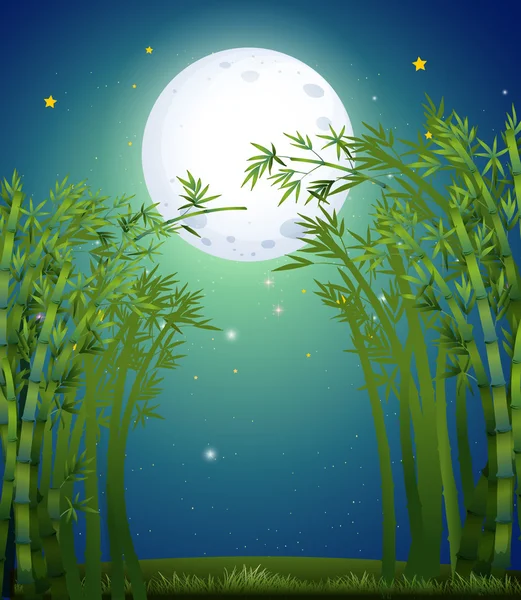 Uma floresta de bambu sob a lua cheia brilhante — Vetor de Stock