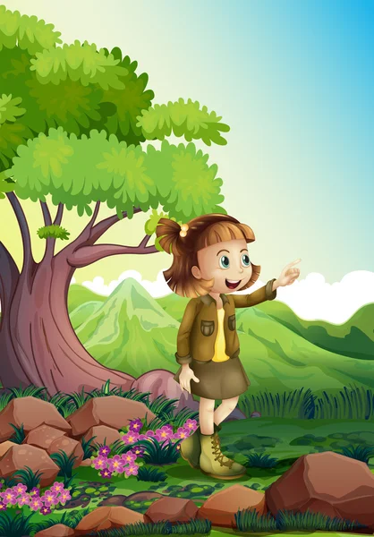 A female explorer at the rocky forest — Stock Vector