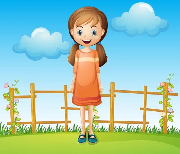 Uma pequena mulher de pé perto da cerca de madeira — Vetor de Stock