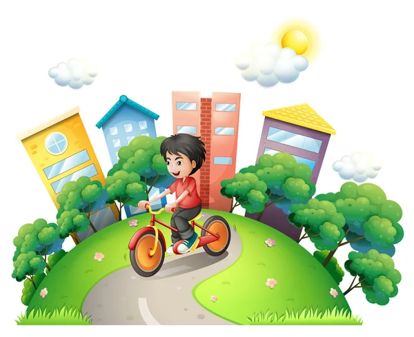 A boy biking at the road going to the high buildings — Stock Vector