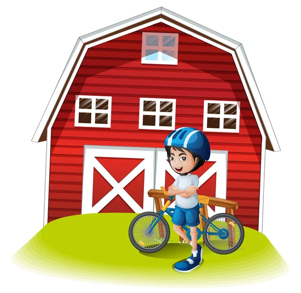 Un ragazzo con una bici in piedi di fronte alla fattoria — Vettoriale Stock