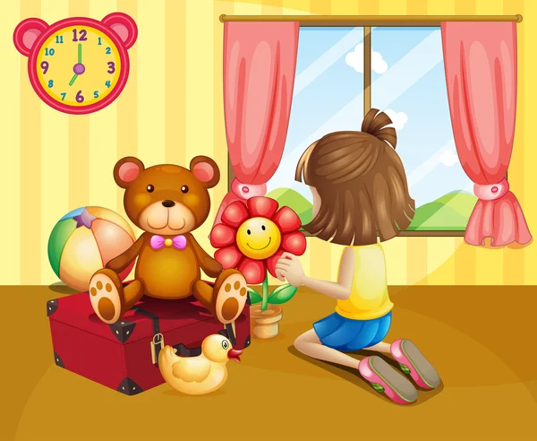 A child arranging her toys inside the house — Stock Vector