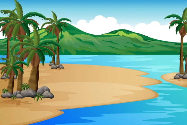 一个有棕榈树的海滩 — 图库矢量图片