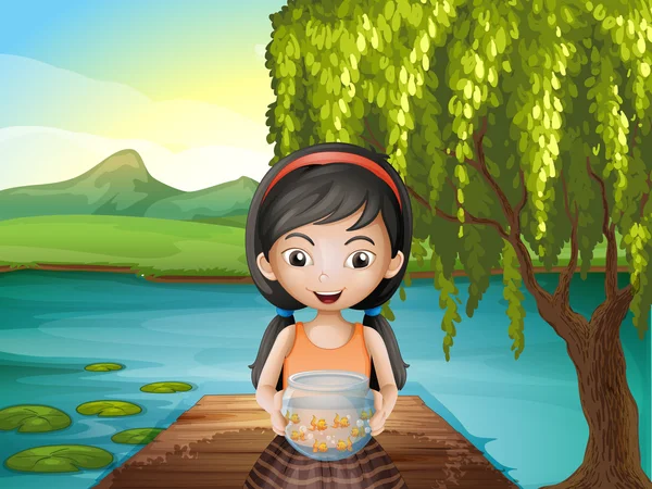 Девушка с аквариумом стоит на берегу реки — стоковый вектор