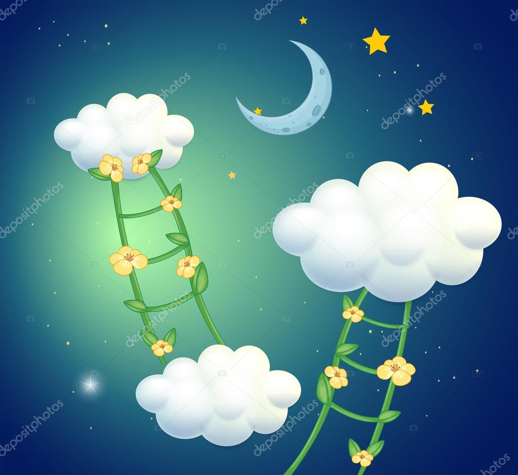 Green ladders with flowers going to the clouds