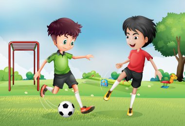 Two boys playing soccer near the park vector Two boys playing soccer near the park vector