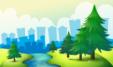 çam ağaçları ile Hill akan bir nehir