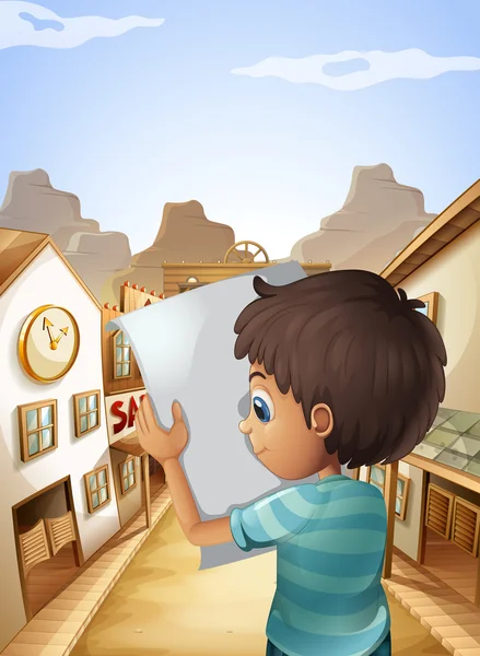 Un niño sosteniendo un pedazo de papel vacío — Vector de stock