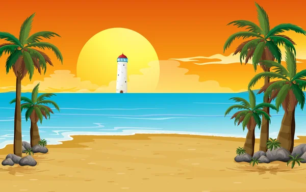 Ein ruhiger Strand mit einem Leuchtturm — Stockvektor