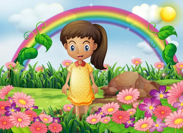 A girl in the garden with a rainbow at the back — Stock Vector