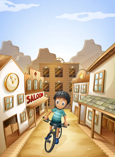 Un garçon faisant du vélo au milieu des bars du saloon — Image vectorielle