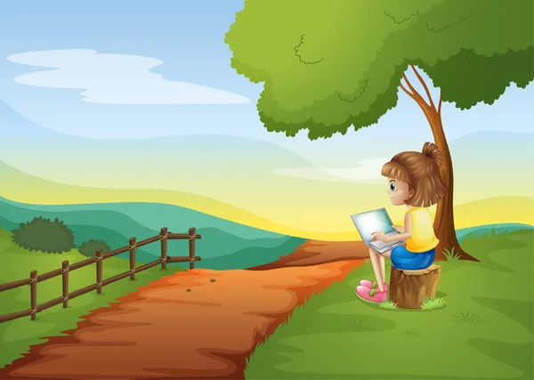 一个女孩坐在树桩同时使用笔记本电脑 — 图库矢量图片