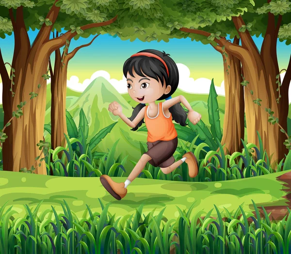 A forest with a young girl running — Stock Vector