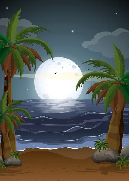Palmiye ağaçları ve bir parola ile bir plaj — Stok Vektör
