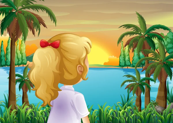 A girl watching the sunset at the riverbank — Stock Vector