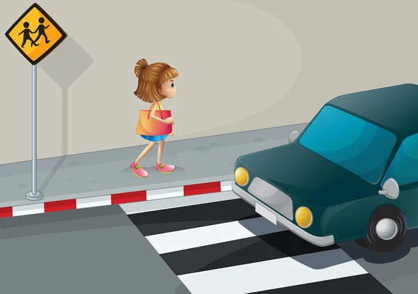 A small girl walking along the street with a shoulder bag — Stock Vector