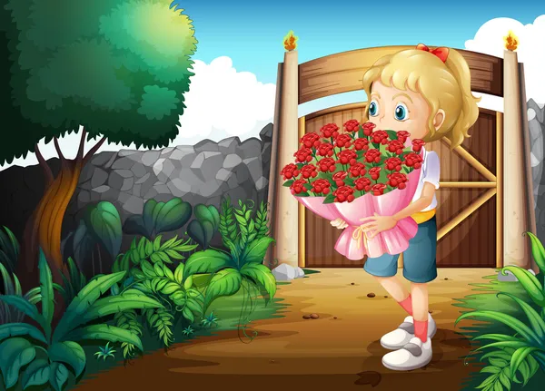 Dziewczyna wewnątrz bramy z bukietem kwiatów — Wektor stockowy