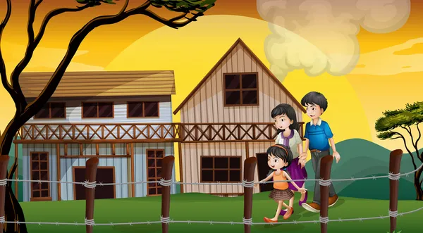 Une famille marchant devant les maisons en bois — Image vectorielle