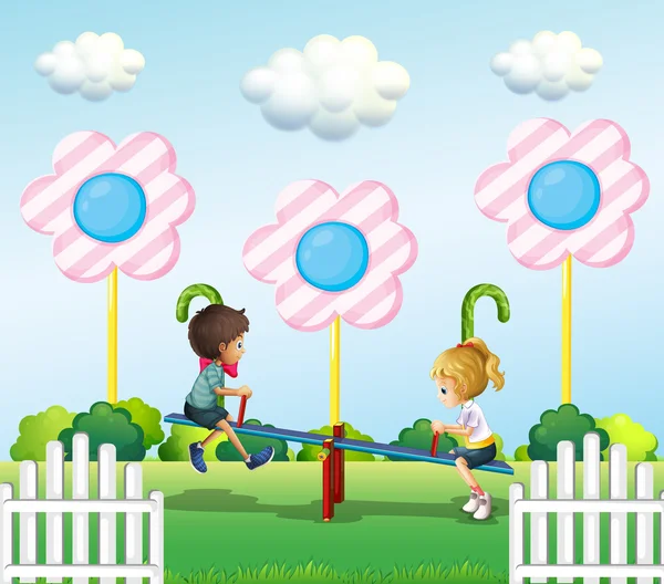 Kids playing seesaw at the park — Stock Vector