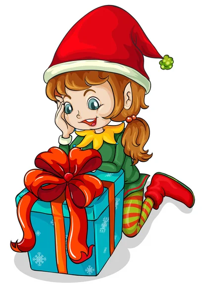 An elf beside a gift — Stock Vector