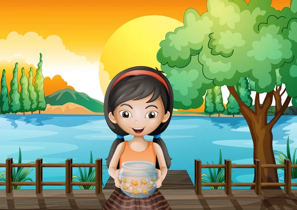 Dziewczyna przy moście posiadania akwarium — Wektor stockowy