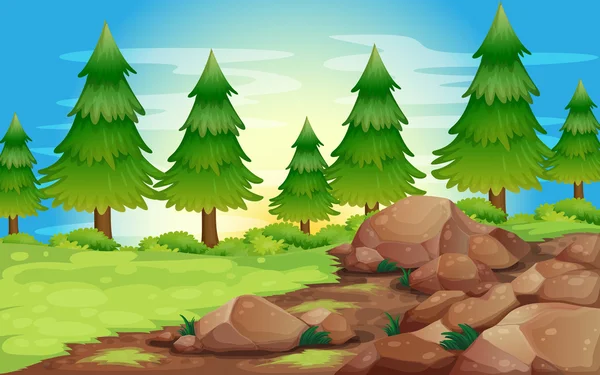 Piedras grandes y pinos — Vector de stock