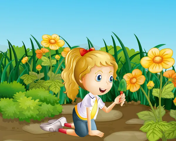 A girl in the garden holding a shovel — Stock Vector