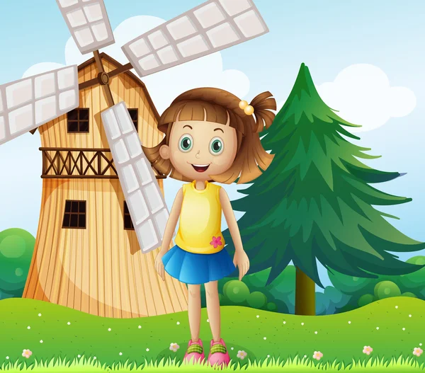 Una giovane ragazza vicino alla fattoria con un mulino a vento — Vettoriale Stock
