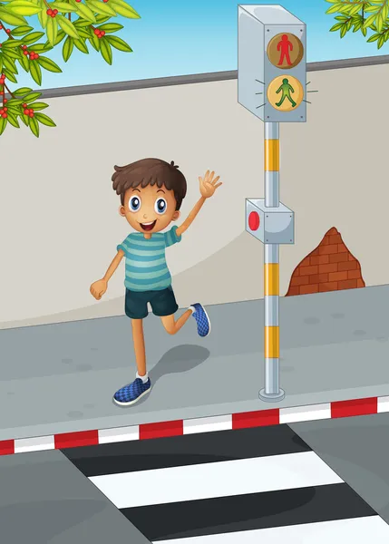 A happy boy waving his hand near the pedestrian lane — Stock Vector