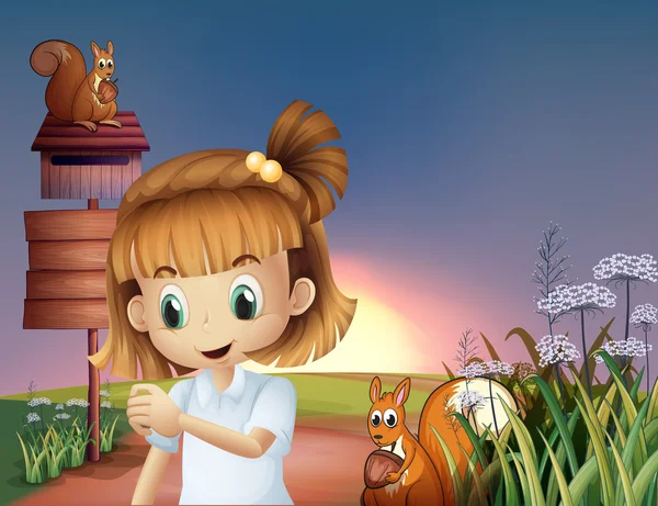 Ένα χαριτωμένο κοριτσάκι στο hilltop με σκίουροι και άδειο signb — Διανυσματικό Αρχείο