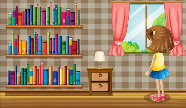 A girl inside the house with a collection of books — Stock Vector