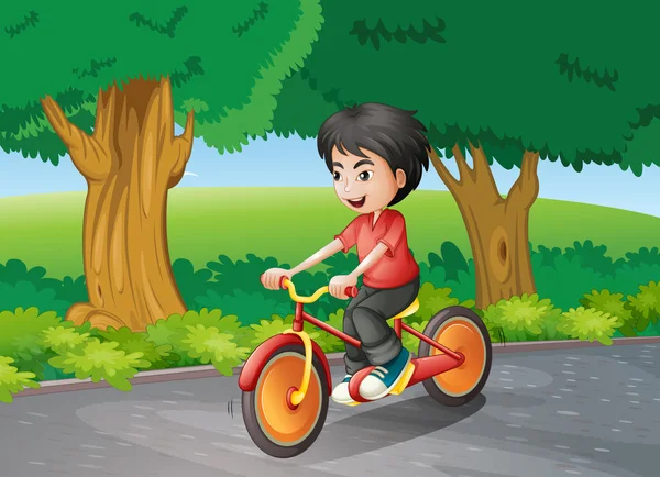Chłopiec, jazda na rowerze w pobliżu wielkie drzewa — Wektor stockowy