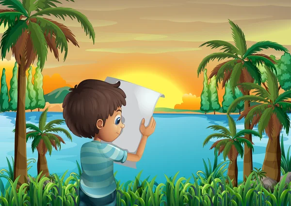 A boy with a paper at the riverbank — Stock Vector