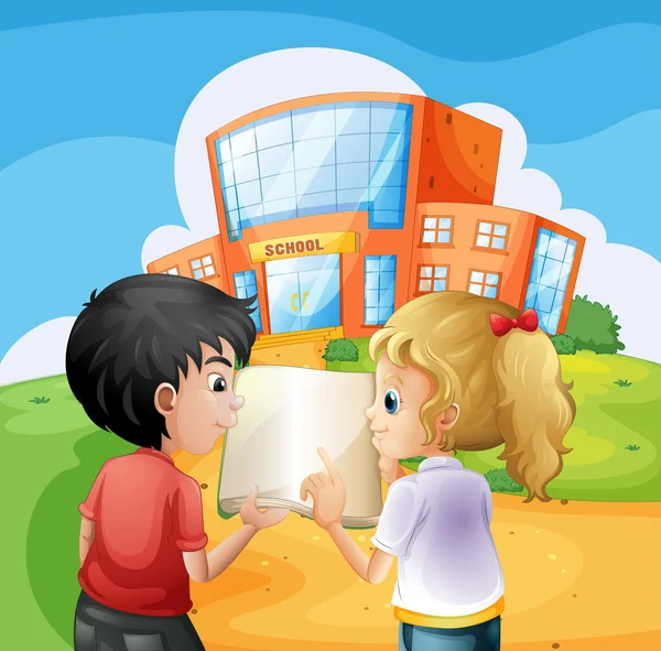 Enfants se disputant devant le bâtiment de l'école — Image vectorielle