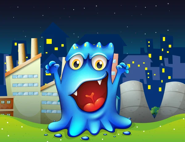 A happy blue monster in the city — Stock Vector