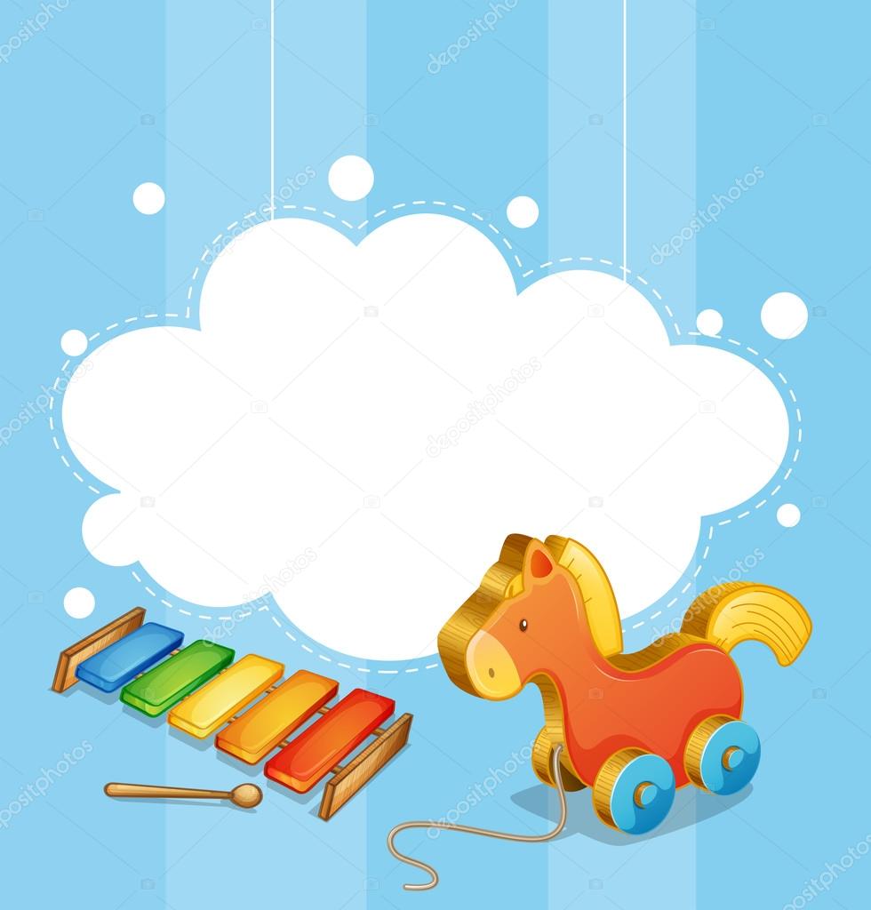 An empty cloud template with a toy horse and a xylophone