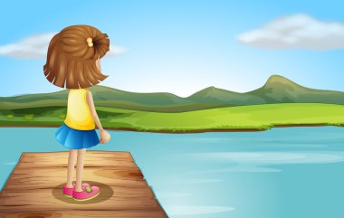 A little girl standing at the wooden port clipart