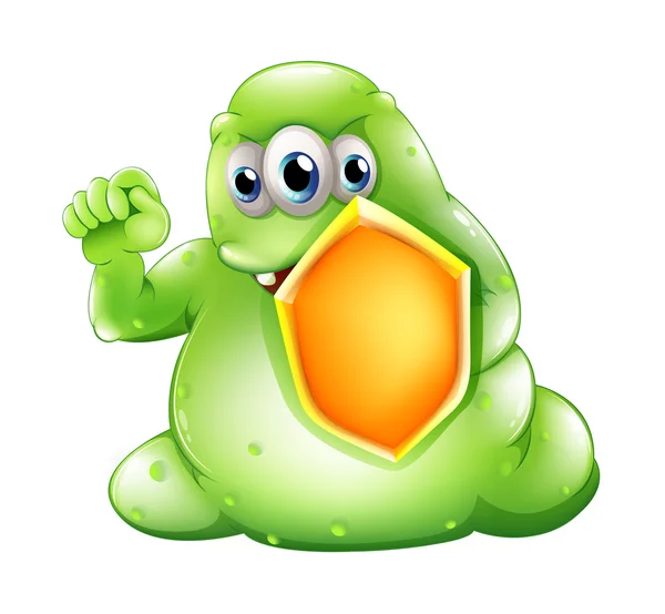 Egy bátor greenslime szörnyeteg egy pajzs holding — Stock Vector