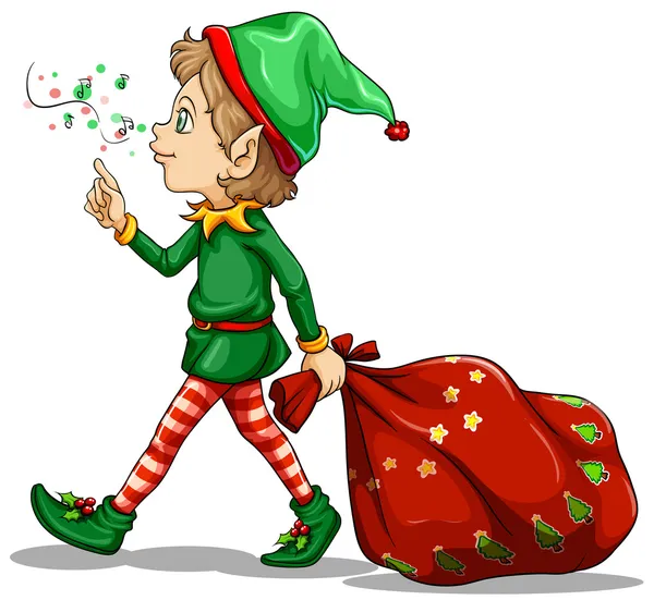 Un joven elfo arrastrando un saco de regalos — Vector de stock