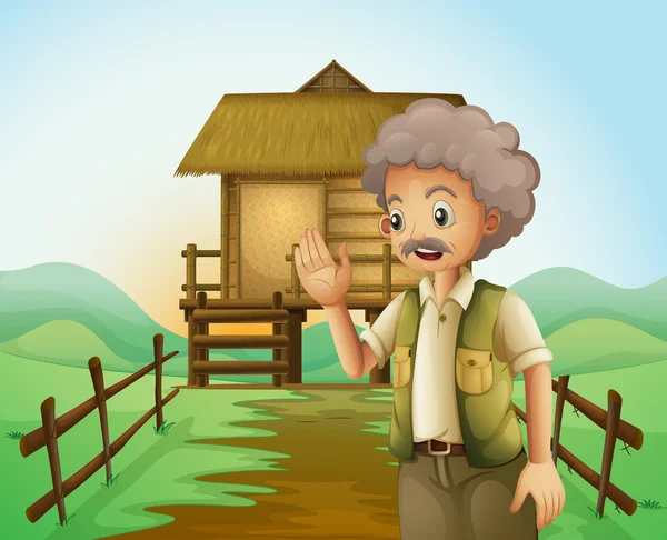 An old man in front of the native house at the hilltop — Stock Vector