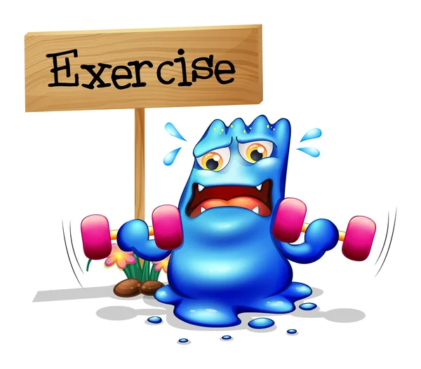 A monster exercising in front of the signboard — Stock Vector