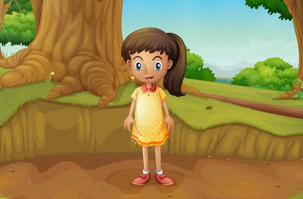 A little girl near the roots of a giant tree — Stock Vector