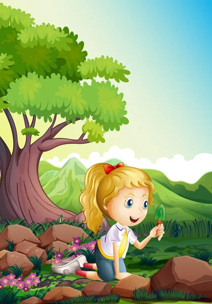 Uma menina na floresta segurando uma pá —  Vetores de Stock