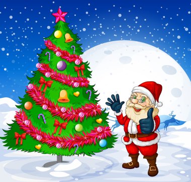 gülümseyen Noel Baba'nın yanında dev yılbaşı ağacı