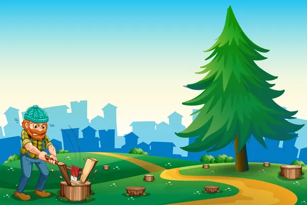 Un bûcheron coupant les bois au sommet de la colline — Image vectorielle