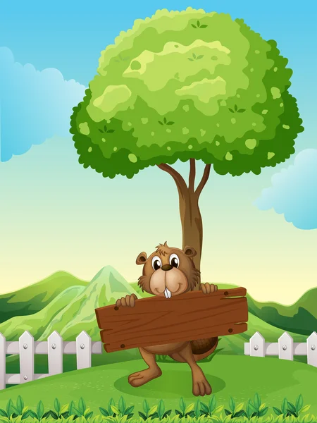 A beaver at the hilltop holding an empty signboard — Stock Vector